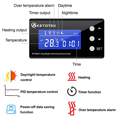 KETOTEK PID Thermostat Terrarium Reptilien Heizung Tag Nacht mit Zeitschaltuhr Digital Dimmthermostat Temperaturregler Steckdose Timer mit Fühler 220V 230V für Aquarium Gewächshaus - 4