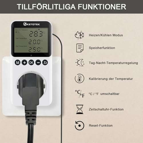 KETOTEK Steckdose Thermostat mit Tag Nacht Zeitschaltuhr, Digital Temperaturregler Steckdose 230V mit Fühler, Heizung Kühlung Temperaturschalter Timer für Terrarium Reptilien Inkubator - 7