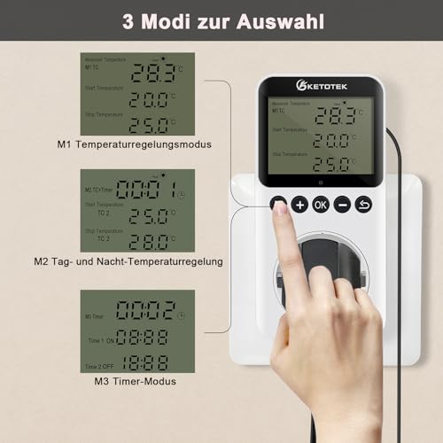 KETOTEK Steckdose Thermostat mit Tag Nacht Zeitschaltuhr, Digital Temperaturregler Steckdose 230V mit Fühler, Heizung Kühlung Temperaturschalter Timer für Terrarium Reptilien - 2