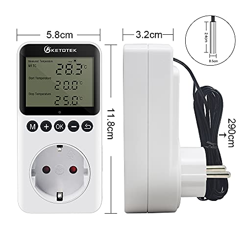 KETOTEK Steckdose Thermostat mit Tag Nacht Zeitschaltuhr, Digital Temperaturregler Steckdose 230V mit Fühler, Heizung Kühlung Temperaturschalter Timer für Terrarium Reptilien - 6