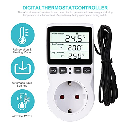 RUIZHI Digitaler Temperaturregler Steckdosen Heizung Kühlen Thermostat 250V mit Fühler Steckdose und Sonde LCD Bildschirm für Gewächshaus,Aquarium,Terrarium,Reptilien （EU - 3