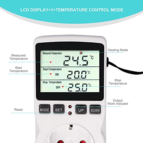 RUIZHI Digitaler Temperaturregler Steckdosen Heizung Kühlen Thermostat 250V mit Fühler Steckdose und Sonde LCD Bildschirm für Gewächshaus,Aquarium,Terrarium,Reptilien （EU - 4