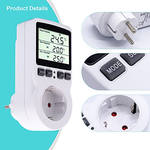 RUIZHI Digitaler Temperaturregler Steckdosen Heizung Kühlen Thermostat 250V mit Fühler Steckdose und Sonde LCD Bildschirm für Gewächshaus,Aquarium,Terrarium,Reptilien （EU - 5