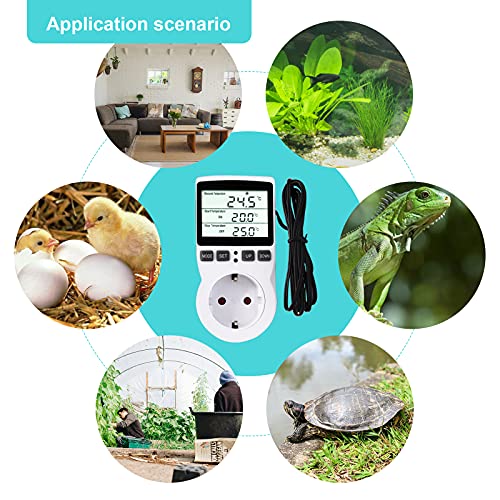 RUIZHI Digitaler Temperaturregler Steckdosen Heizung Kühlen Thermostat 250V mit Fühler Steckdose und Sonde LCD Bildschirm für Gewächshaus,Aquarium,Terrarium,Reptilien （EU - 7