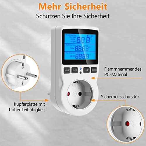 Seamuing Thermostat Steckdose 16A 220V Digitaler Temperaturregler mit Fühler Heizung Kühlung Thermostat Socket Temperaturschalter für Reptilien Aquarien Gewächshaus Kühlschrank Fermentation - 2