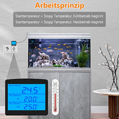 Seamuing Thermostat Steckdose 16A 220V Digitaler Temperaturregler mit Fühler Heizung Kühlung Thermostat Socket Temperaturschalter für Reptilien Aquarien Gewächshaus Kühlschrank Fermentation - 3