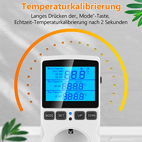 Seamuing Thermostat Steckdose 16A 220V Digitaler Temperaturregler mit Fühler Heizung Kühlung Thermostat Socket Temperaturschalter für Reptilien Aquarien Gewächshaus Kühlschrank Fermentation - 6