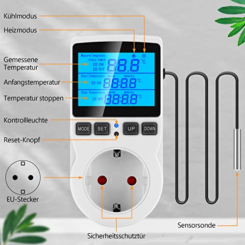 Seamuing Thermostat Steckdose 16A 220V Digitaler Temperaturregler mit Fühler Heizung Kühlung Thermostat Socket Temperaturschalter für Reptilien Aquarien Gewächshaus Kühlschrank Fermentation - 7