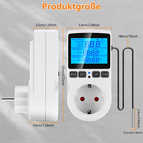 Seamuing Thermostat Steckdose 16A 220V Digitaler Temperaturregler mit Fühler Heizung Kühlung Thermostat Socket Temperaturschalter für Reptilien Aquarien Gewächshaus Kühlschrank Fermentation - 8