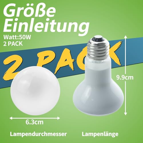 LUCKY HERP 2 Pack 50W Terrarium Lampe Reptilien-Wärmelampe Basking Spot, Amphibien-Sonnenglühlampe, Reptil-Tageslichtbirne für Schildkröten, Bartagamen, Eidechsen-Heizungsverwendung - 2