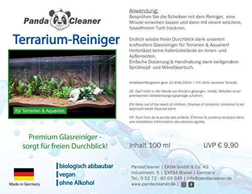 PandaCleaner Terrarium-Reiniger/Terrarienreiniger für Terrarienscheiben, Terrarienglas - Terrariumglasreiniger - 350ml- Sprühflasche + Nachfüllflasche - 5